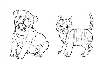 Cute english bulldog and cat coloring page. Vector template for a coloring book with funny animals. Coloring template for kids.