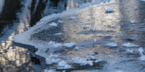 Frozen and icy part of the river in winter makes a layer of ice near the shore, snowflakes are like fluffy needles, reflection of the winter forest in the water of the river