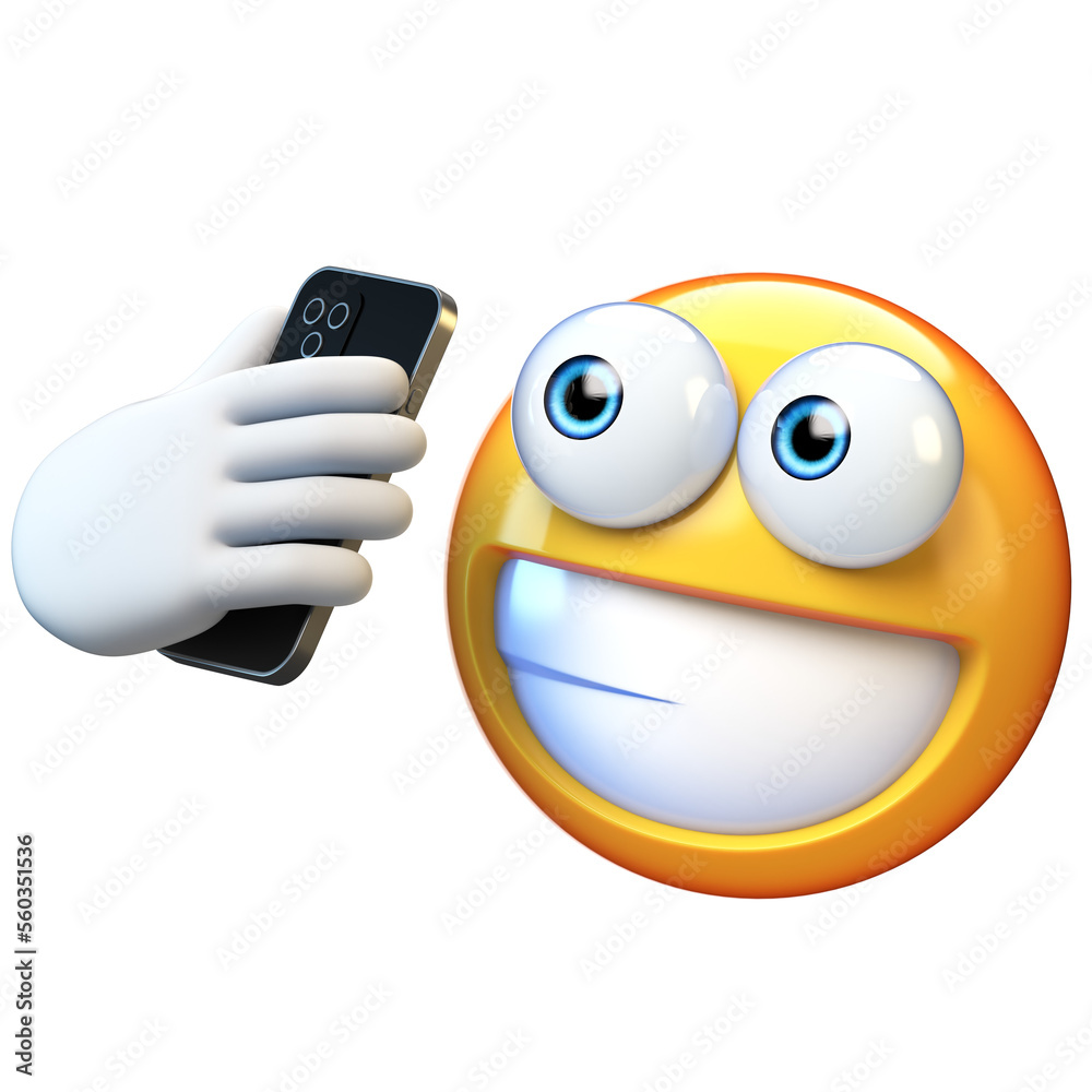 Wall mural Emoji taking selfie, Emoticon holding mobile phone on white background, 3d rendering