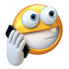 Emoji holding phone isolated on white background, smiling face emoticon with smartphone 3d rendering