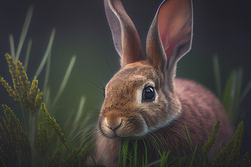 Adorable close-up of a small rabbit sitting amidst green grass. Perfect for showcasing the cute and fluffy side of nature