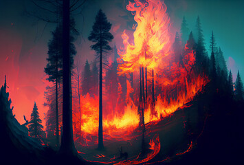 Forest fire. Flaming trees. Red flame. Generative AI Art.