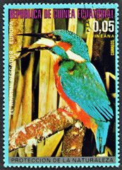 Cancelled postage stamp printed by Equatorial Guinea , that shows Common Kingfisher (Alcedo...