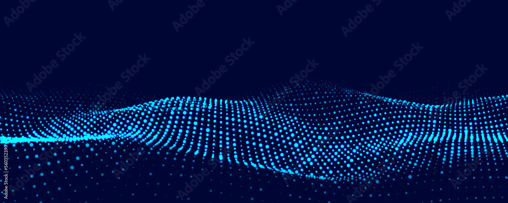 Poster dynamic blue particle wave. futuristic point glowing wave. flow digital structure. data technology b