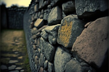  a stone wall with yellow paint on it and a grassy area in the background with a stone path and a stone wall with a yellow line on it, with a stone wall, with.