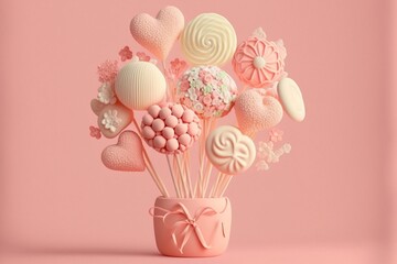 beautiful bouquet of flowers in a vase made with pastel pink colored sweet candies and marshmallows, Saint Valentine postacard, background, generative ai