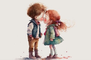 watercolor painting of two children sharing their very first kiss,  sweetest moments of innocence and pure joy and love, Saint Valentine's day postcard, background, generative ai