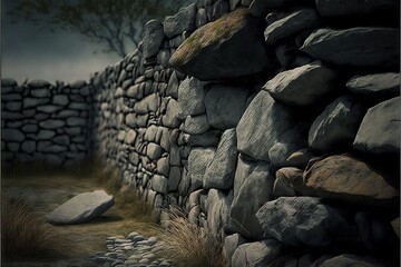 a stone wall with a tree and rocks on it at night time with a full moon in the sky above it and a lone tree in the distance with no leaves on the ground,.