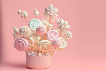 Still life bouquet of flowers in a vase made with pastel pink colored sweet candies and marshmallows, Saint Valentine postacard, background, generative ai