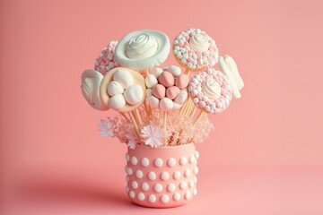 An elegant bouquet of flowers in a vase made with pastel pink colored sweet candies and marshmallows, Saint Valentine postacard, background, generative ai