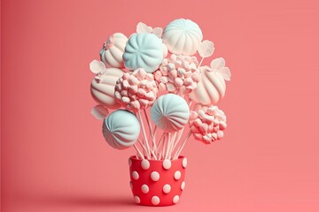 A elegantly arranged bouquet of flowers in a vase, made with pastel colored sweet candies and marshmallows and background, Saint Valentine generative ai