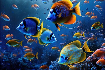 Fototapeta na wymiar a group of fish swimming in a large aquarium filled with water and corals, with a blue background and a yellow and orange fish in the foreground with a black border, and.