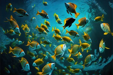  a large group of fish swimming in the ocean together, with a blue background and a black bottom border with a yellow bottom and bottom border with a black bottom line with a line of smaller.