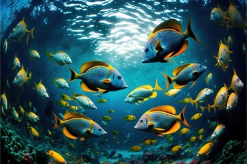  a group of fish swimming in the ocean together under water surface with sunlight coming through the water and a large group of fish swimming in the water below the water surface, with a lot.