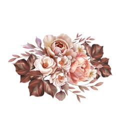Decorative flowers. Floral illustration with leaves and buds. Botanic composition for wedding or greeting card