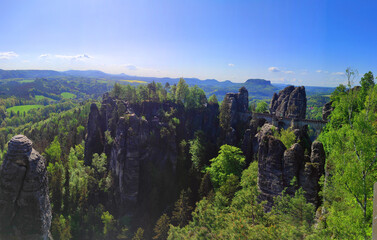 panoramic view of Saxon Switzerland. Bastei bridge between rocks near Rathen. Germany. Europe