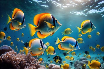  a group of fish swimming in the ocean near a coral reef with a sun shining on the water surface behind them and a coral reef with fish in the foreground, and a sun.