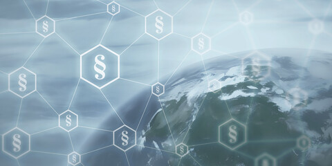 Graphique sur le droit de l'environnement avec des paragraphes de lois, un réseau symbolique et un arrière-plan flou. Convient comme image d'en-tête ou illustration.