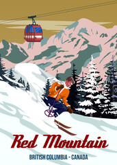 Travel poster Ski Red Mountain resort vintage. Canada winter landscape travel card © hadeev