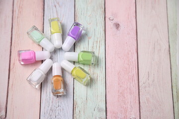 Many nail polish bottles, copy space
