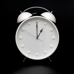 Old-style alarm clock, black and white, it's one o'clock.