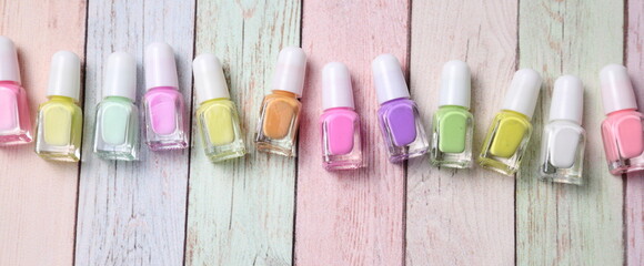 Many nail polish bottles, copy space