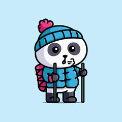 Cute climbers panda holding sticks wearing beanie and warm jackets cartoon illustration