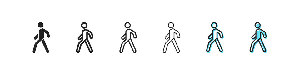 Obraz premium Line icon of a person crossing the road at a pedestrian crossing. Zebra, white stripes, pedestrian, driver, traffic rules. Traffic light concept. Six vector line icon in different styles