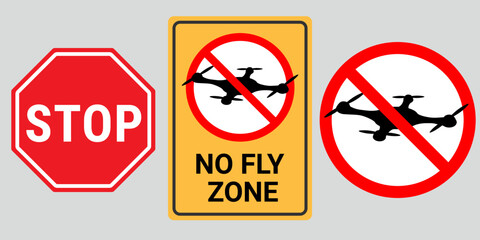 No fly drone sign. Vector sign prohibiting flights and filming in the specified area. Crossed-out quadcopter in a red circle. Unmanned aerial vehicle, emblems and icons. - obrazy, fototapety, plakaty