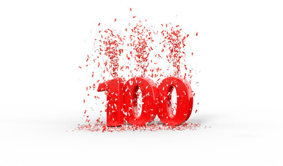 nombre 100 rouge avec confettis rouges et blancs - fond transparent - rendu 3D