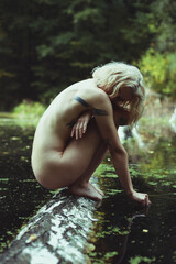 Pretty woman without clothes sitting on log over river scenic photography. Picture of person with wild wood on background. High quality wallpaper. Photo concept for ads, travel blog, magazine, article