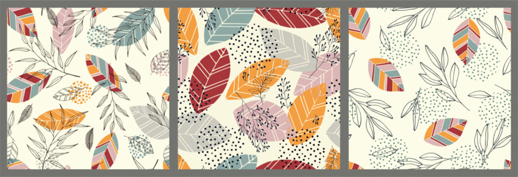 Fototapeta Set of scandinavian seamless doodle pattern with vintage leaves sketch.  For wrapping paper. Ideal for wallpaper, surface textures, textiles.