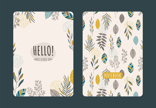 Cover design with floral pattern. Hand drawn plants. Scandinavian artistic background with herbs. Invitation, greeting card, cover book, notebook. Size A4. Vector illustration