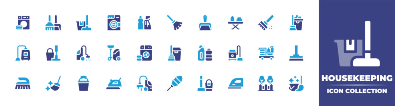 Housekeeping icon collection. Duotone color. Vector illustration. Containing washing machine, dust pan, mop, cleaning products, duster, dustpan, furniture and household, sweeping broom, and more.