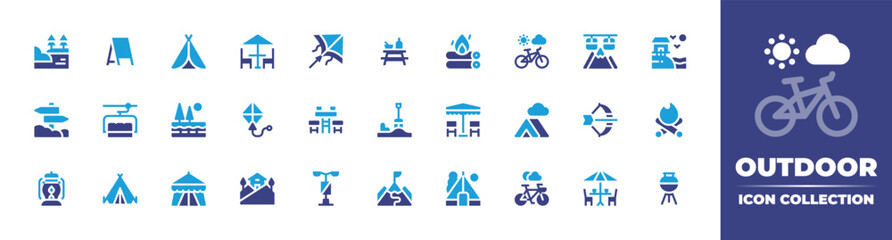 Outdoor icon collection. Duotone color. Vector illustration. Containing montain, banner, tent, patio, kite, picnic table, bonfire, bicycle, cable car, village, directional sign, ski, nature, and more.