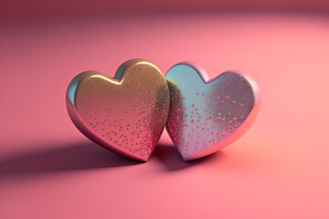 Obraz premium Two pink hearts with nice glittery texture details on empty background. Valentine’s day generative Ai imagery