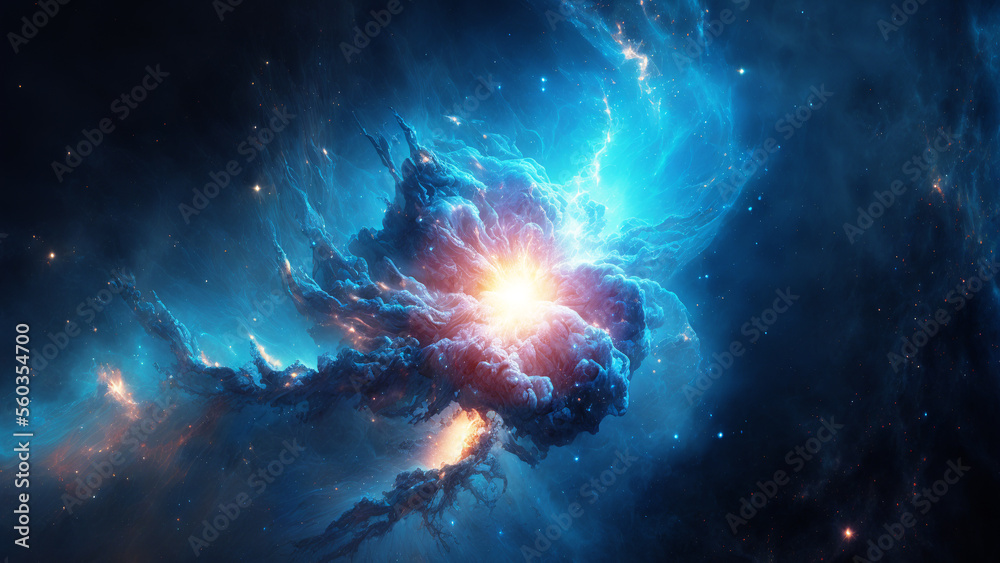 Poster large panoramic view of a colorful dark blue nebula in space. cosmic background with bright shining 