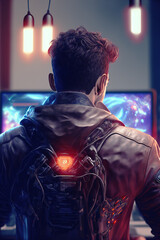 Gamer playing video games in a futuristic interior. Back view of a man sitting in front of a monitor. Colorful blue modern lights. Generative ai