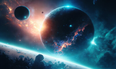 Space planets background. Distant planetscape in cosmos with exoplanets. Concept art Generative ai