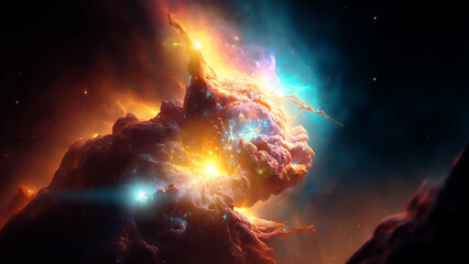 Fototapeta premium Large view of a colorful dark nebula in space. Cosmic background with bright shining stars, galaxies and deep universe. Generative ai