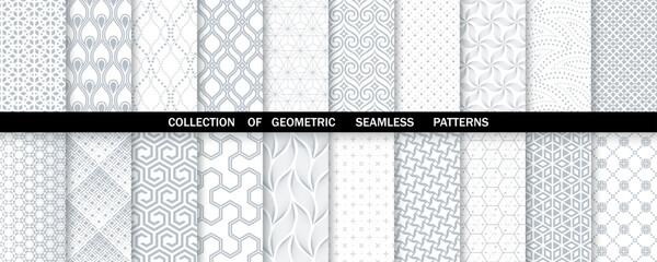 Geometric set of seamless gray and white patterns. Simpless vector graphics.