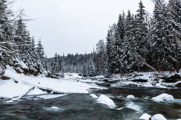 Winter landscape, snowy mountains and trees