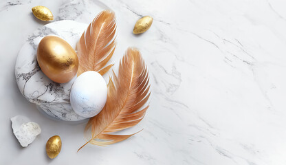 Beautiful aesthetic Golden and White Easter Eggs on a marble background. Topview, Flat lay. Blank area for text and designs. Illustration, Digital Art.