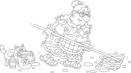 Funny fat housewife industriously mopping a floor with a rag and water from a bucket, black and white outline vector cartoon illustration for a coloring book