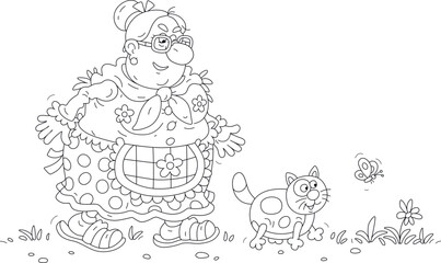 Funny elderly fat housewife walking with her fattened domestic cat around a yard, black and white outline vector cartoon illustration for a coloring book