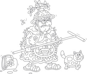 Angry fat housewife with a home basin and a window flower in a pot on her head waving a big mop, swearing and declaring war on housemates, black and white outline vector cartoon illustration