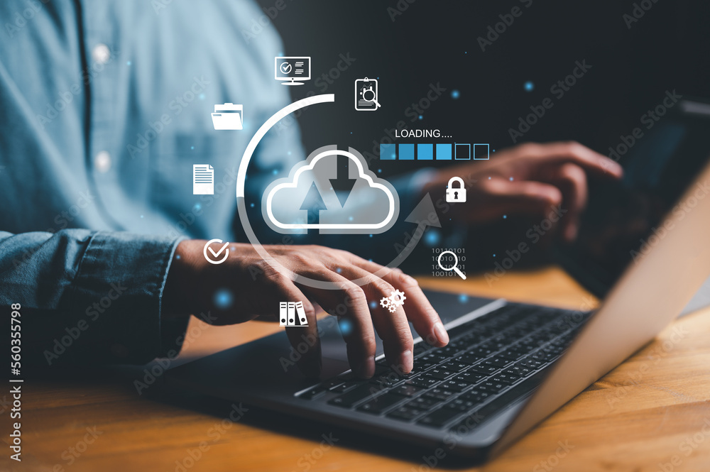 Poster Businessman use computer with virtual glowing cloud computing to download and loading data information and upload on system network application. Technology data transformation concept, data transfer.