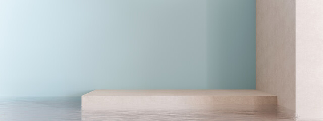 Empty scene with water. Blue background. Template for product, cosmetic presentation. Natural mock up. Backdrop with empty, copy space. Display, showcase. 3D rendering.