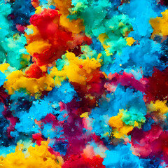Generative AI. An abstract background featuring yellow, red and blue paint splashes, a watercolor painting of waves, and a digital modern art piece with high resolution in 4K.