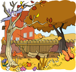 autumn landscape leaves flying cartoon vector illustration
